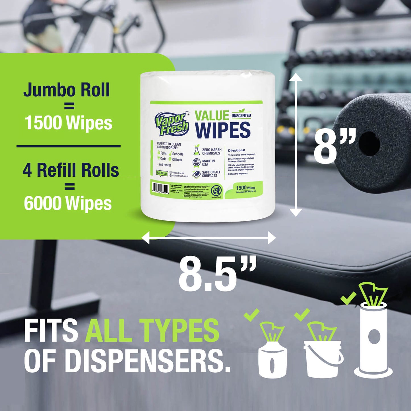 Vapor Fresh® Fitness Equipment Value Wipes (1500ct x 4 Rolls)