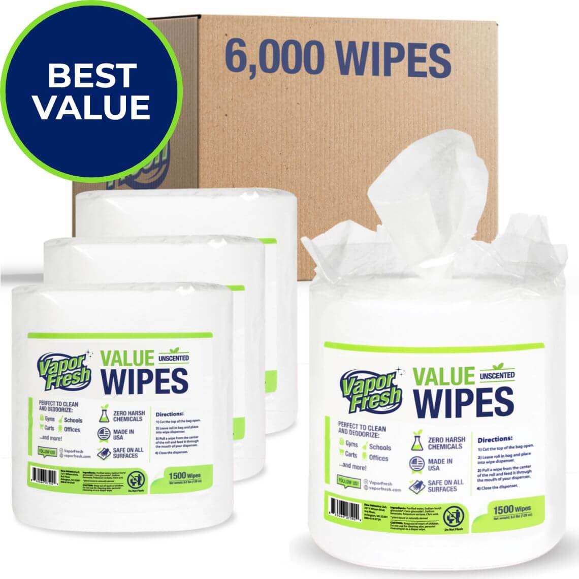 Vapor Fresh® Fitness Equipment Value Wipes (1500ct x 4 Rolls)