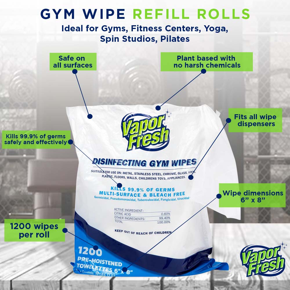 Vapor Fresh Disinfecting Gym Wipes, 1200 Wipes per Roll